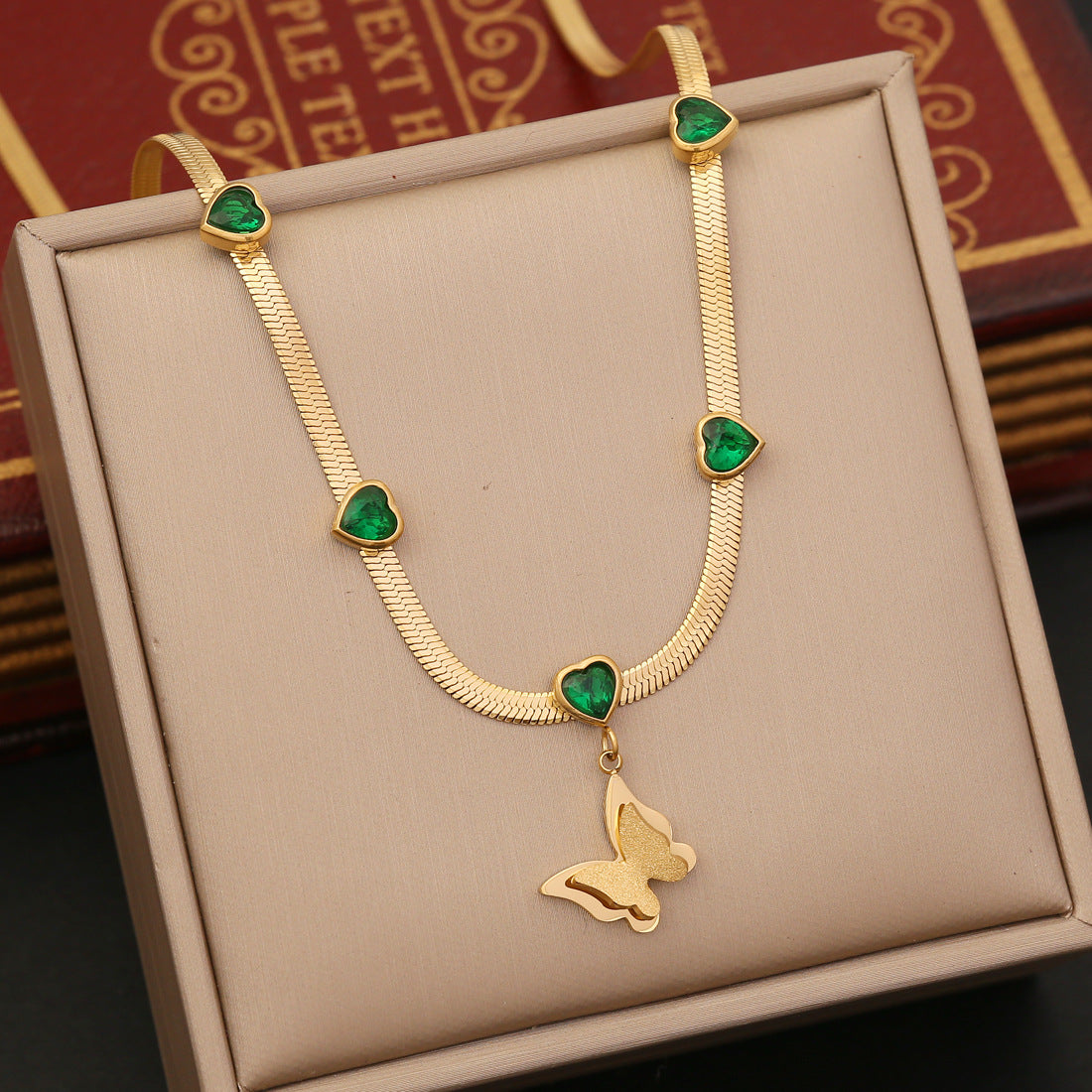 Fashion Butterfly Stainless Steel Emerald Zircon Necklace
