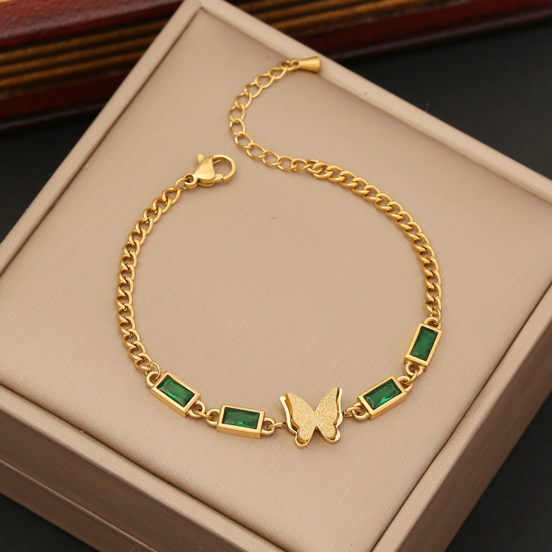 Fashion Butterfly Stainless Steel Emerald Zircon Necklace